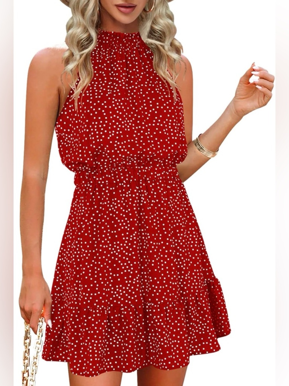 Red White Polka Dot Halter Neck Mini Dress Sleeveless Ruffle Hem Sz XL NWT #F